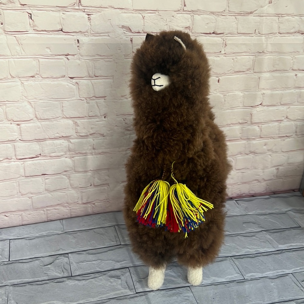 Cream and Brown Plush Alpaca with Colorful Tassels